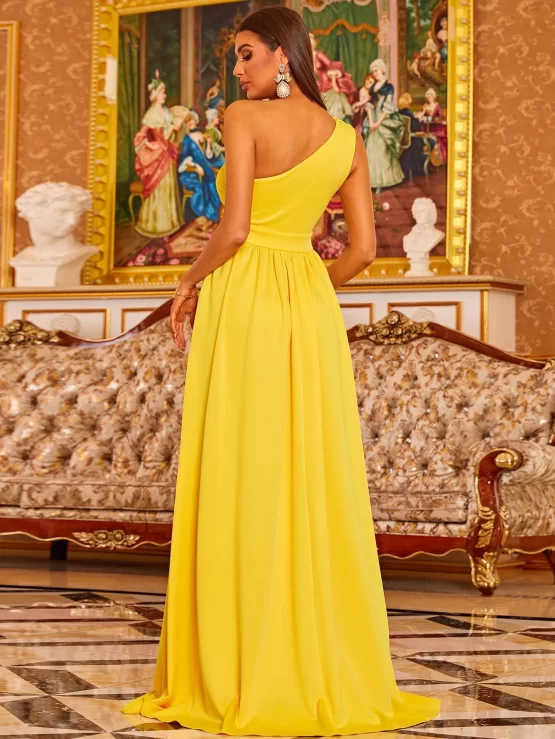 Missord One Shoulder Flower Appliques Cut Out Formal Split Thigh Dress - Image 3