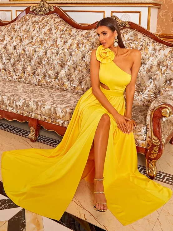 Missord One Shoulder Flower Appliques Cut Out Formal Split Thigh Dress - Image 2