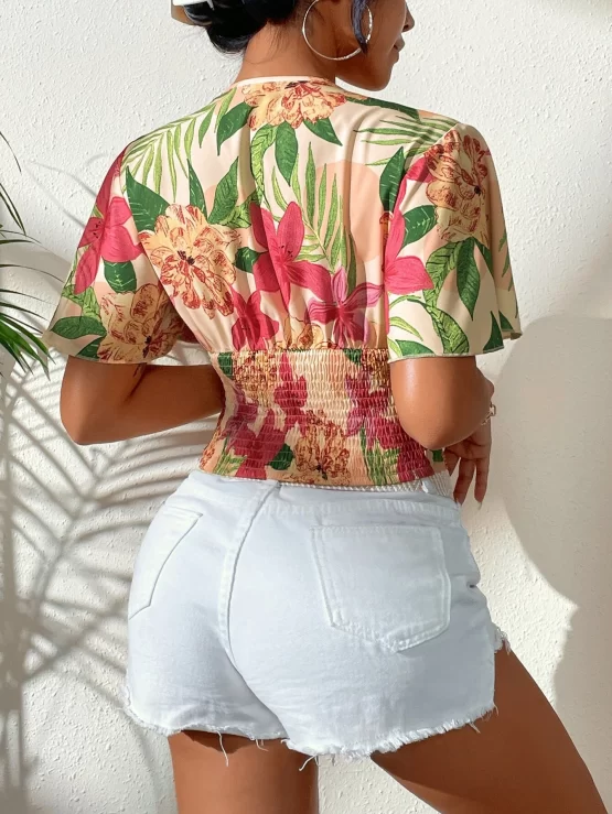Floral Boho Print Deep V Neck Shirred Blouse - Image 3