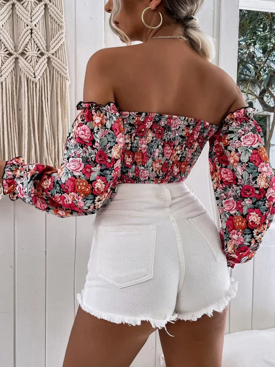 VCAY Floral Off The Shoulder Shirred Crop Top - Image 2