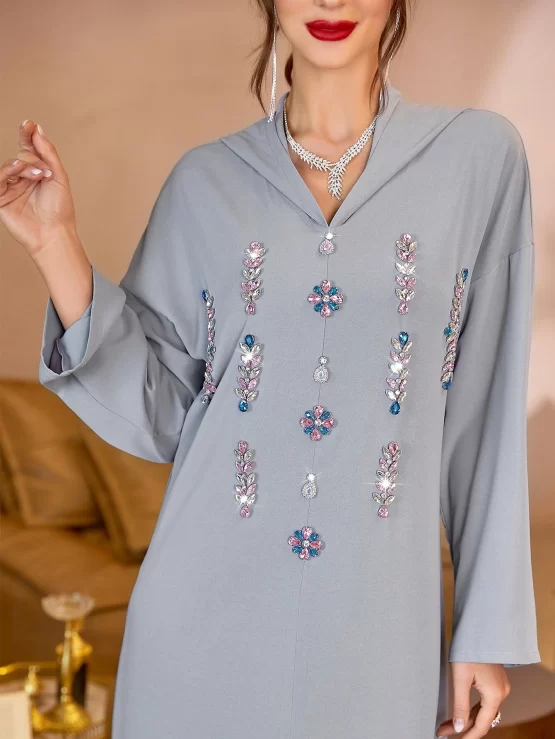 Najma Rhinestone Detail Drop Shoulder Slit Front Djellaba - Image 2