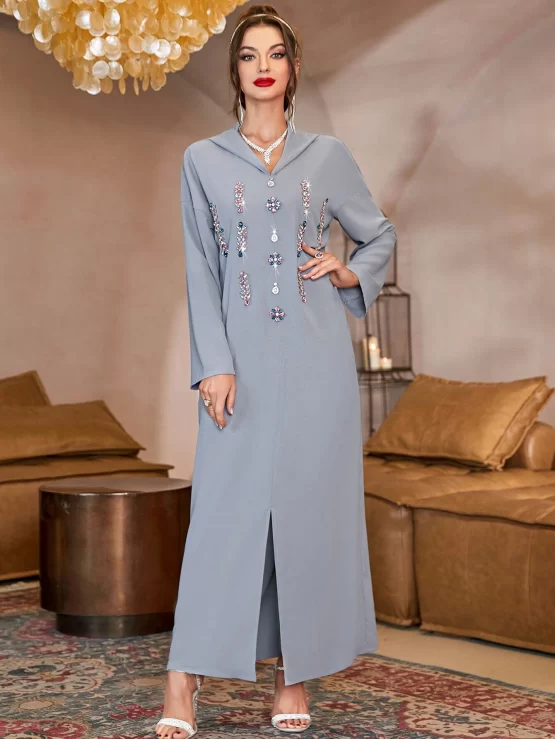 Najma Rhinestone Detail Drop Shoulder Slit Front Djellaba - Image 3