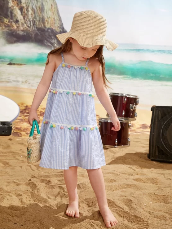 Toddler Girls Striped Pompom Cami Dress - Image 5