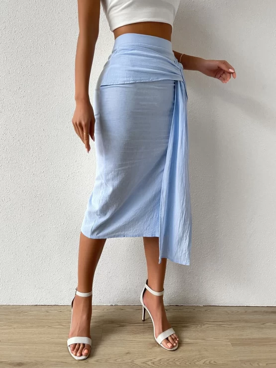 Solid Boho Zipper Tie Front Split Thigh Skirt - Image 5
