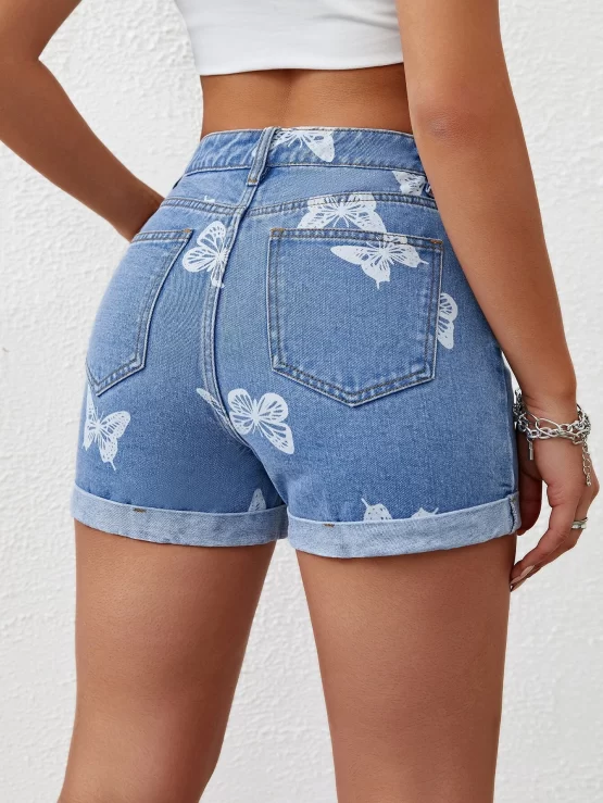 Butterfly Print Rolled Hem Denim Shorts - Image 2
