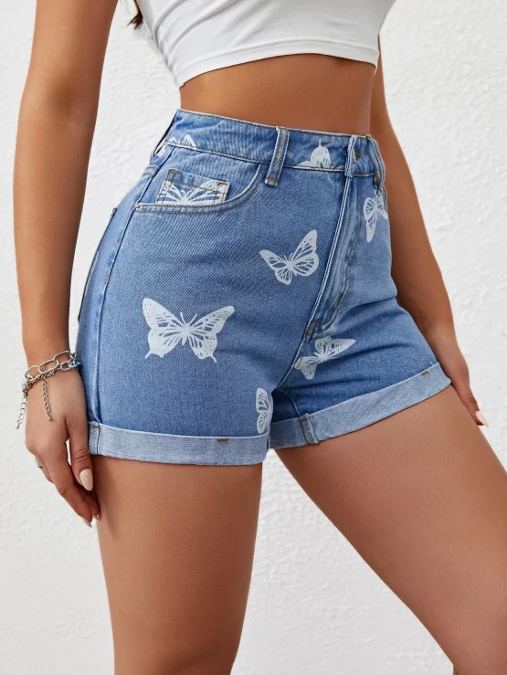 Butterfly Print Rolled Hem Denim Shorts - Image 3