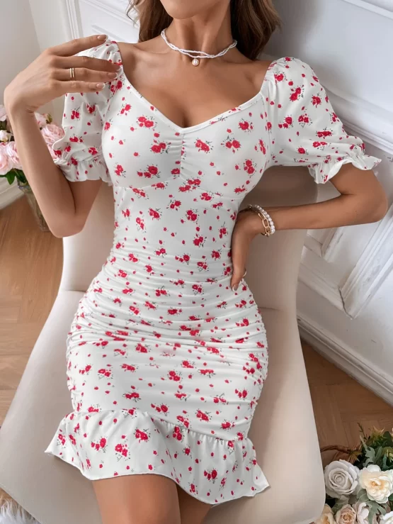 Lace Up Backless Puff Sleeve Ruched Ruffle Hem Bodycon Dress - Image 2