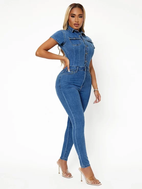 Button Front Flap Pocket Denim Jumpsuit - Image 3