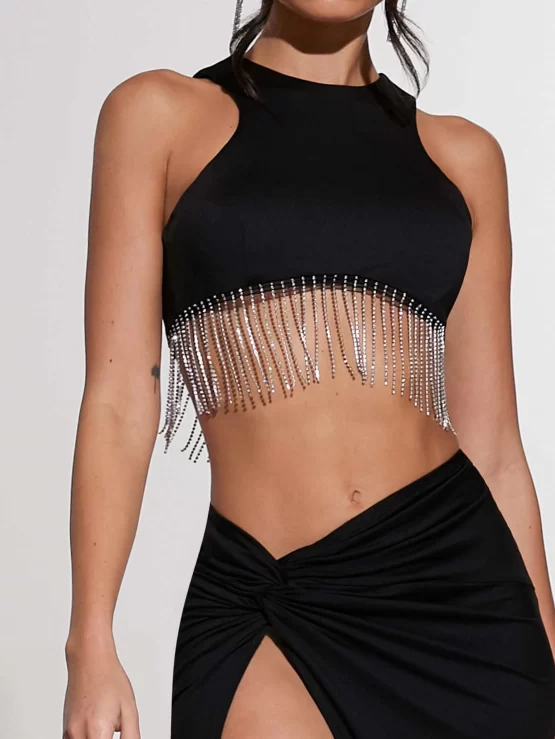BAE Rhinestone Fringe Trim Crop Tank Top & Twist Split Thigh Skirt - Image 3