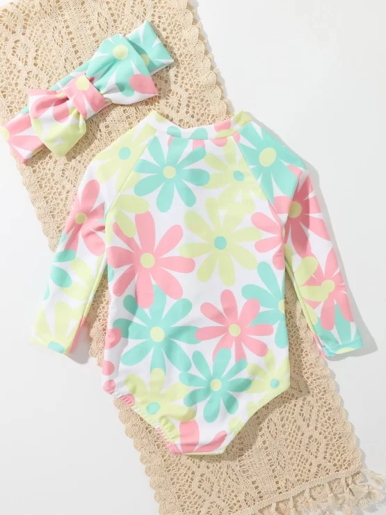 Baby All Over Floral Print Zipper Front One Piece Swimsuit With Headband - Image 2