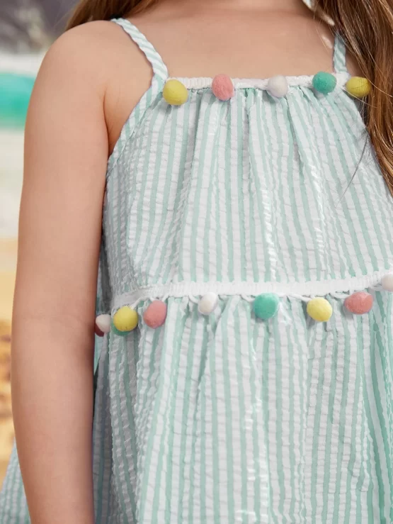 Toddler Girls Striped Pompom Cami Dress - Image 3