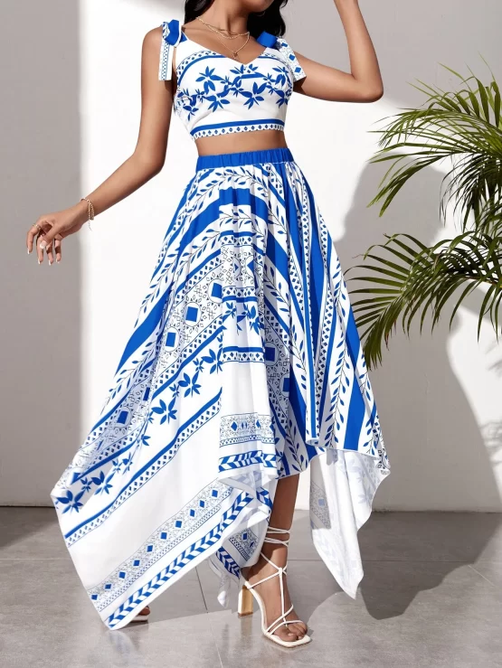 Geo Print Tie Shoulder Crop Cami Top & Hanky Hem Skirt - Image 2