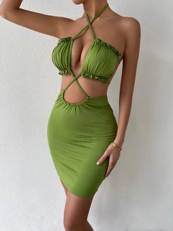 Cut Out Frill Trim Criss Cross Tie Backless Halter Bodycon Dress - Image 2