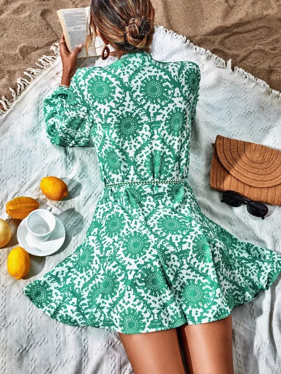 Random All Over Print Lantern Sleeve Belted Shirt Dress - Image 2