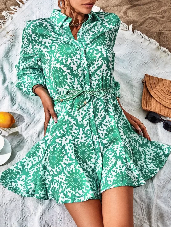 Random All Over Print Lantern Sleeve Belted Shirt Dress - Image 3
