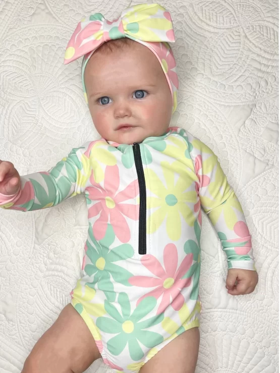 Baby All Over Floral Print Zipper Front One Piece Swimsuit With Headband - Image 3