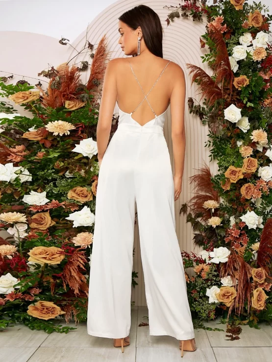 Belle Rhinestone Strap Criss Cross Back Draped Cami Jumpsuit - Image 2