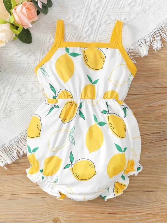 Baby Lemon Print Contrast Binding Frilled Bow Front Cami Bodysuit - Image 3