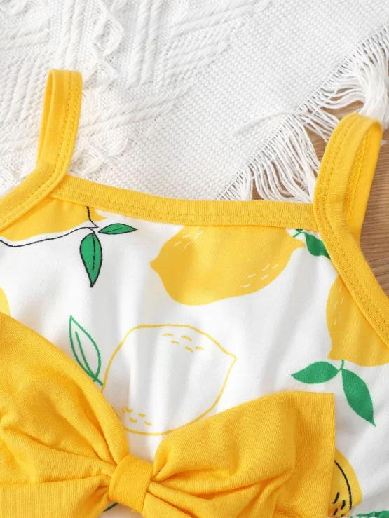 Baby Lemon Print Contrast Binding Frilled Bow Front Cami Bodysuit - Image 2