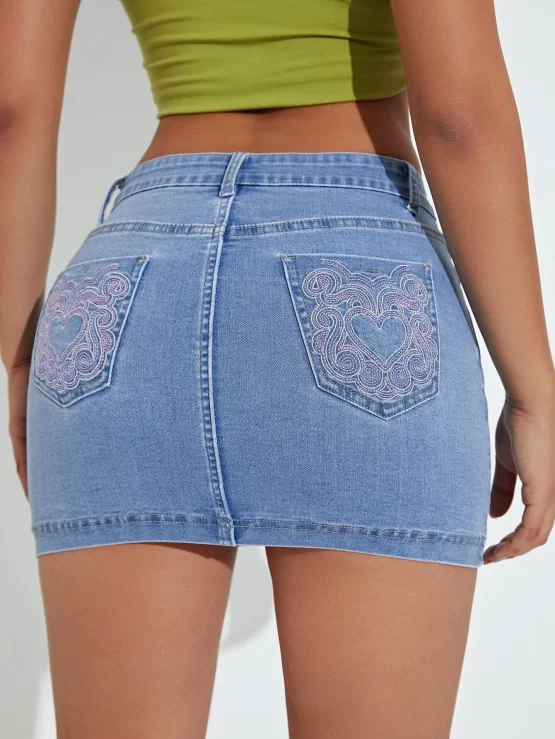 Heart Embroidery Mini Bodycon Denim Skirt - Image 2