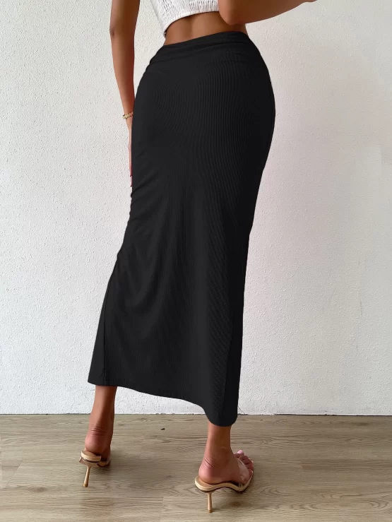 Twist Plain Sexy Long Front Split Thigh Skirt - Image 5