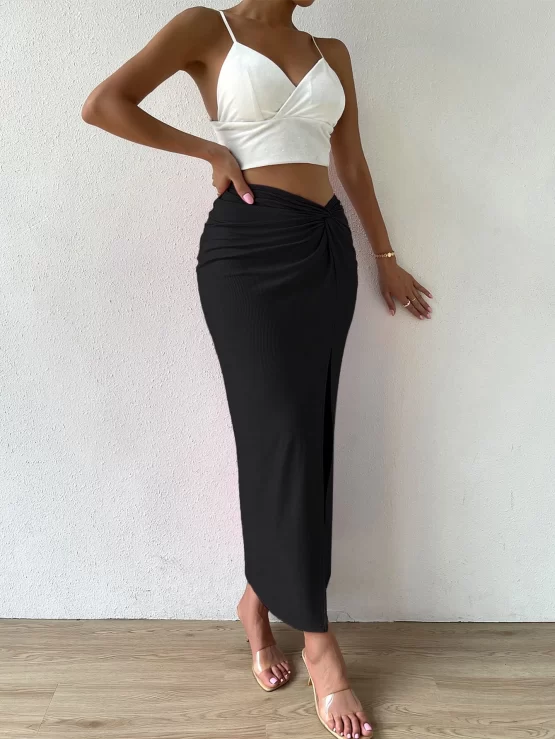 Twist Plain Sexy Long Front Split Thigh Skirt - Image 4