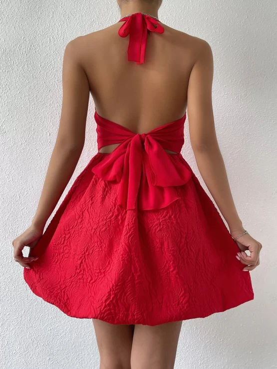Textured Sexy Flared Tie Halter Backless Dress - Image 3