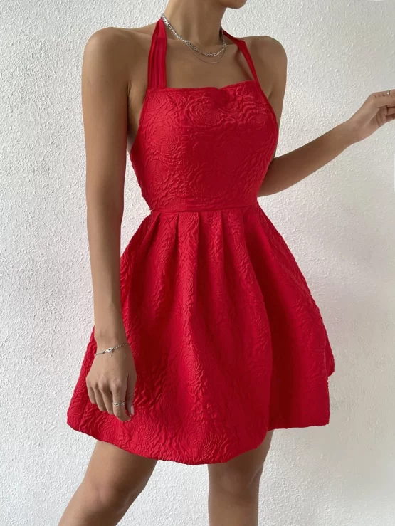 Textured Sexy Flared Tie Halter Backless Dress - Image 2
