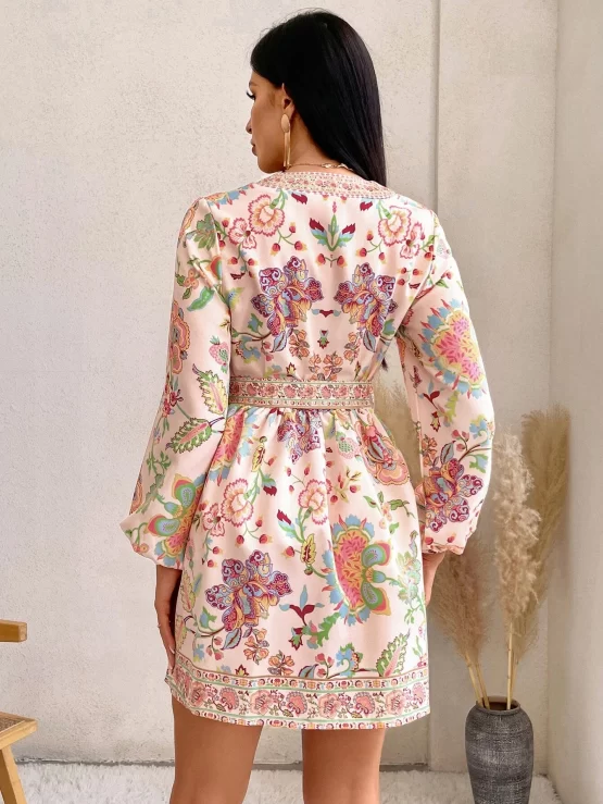 Floral All Over Print Bishop Sleeve Belted Dress - Image 3