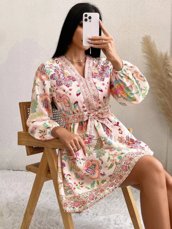Floral All Over Print Bishop Sleeve Belted Dress - Image 2