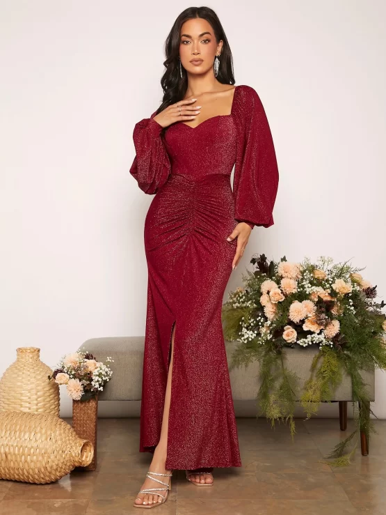 Belle Sweetheart Neck Lantern Sleeve Ruched Split Glitter Bridesmaid Thigh Dress - Image 2