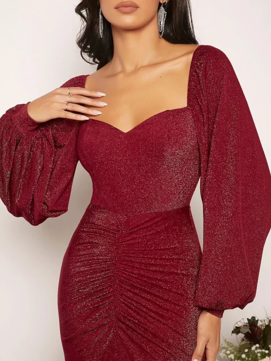 Belle Sweetheart Neck Lantern Sleeve Ruched Split Glitter Bridesmaid Thigh Dress - Image 3