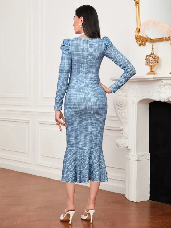 Modely Plaid Gigot Sleeve Mermaid Hem Bodycon Dress - Image 2