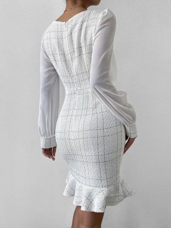 Unity Tweed Square Neck Puff Sleeve Mermaid Hem Dress - Image 3