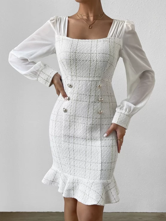 Unity Tweed Square Neck Puff Sleeve Mermaid Hem Dress - Image 2