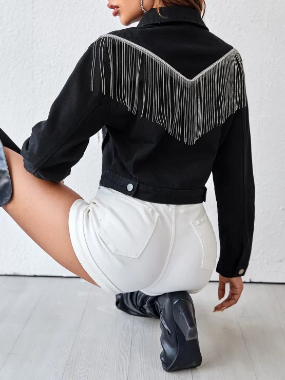 Fringe Trim Button Front Crop Denim Jacket - Image 2