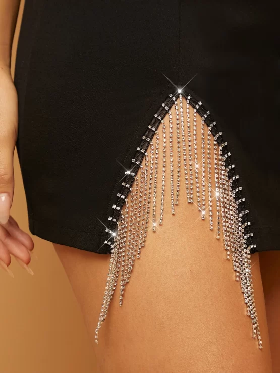Rhinestone Sexy Fringe Trim Bodycon Mini Skirt - Image 4