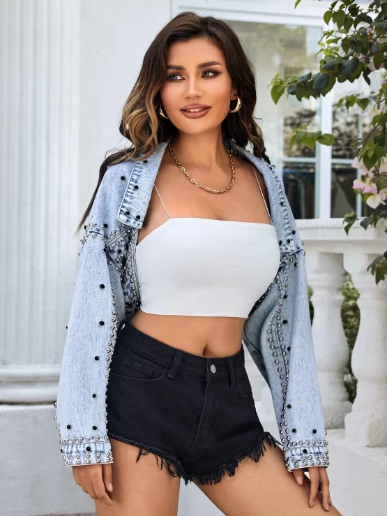 Studded Drop Shoulder Crop Denim Jacket - Image 3