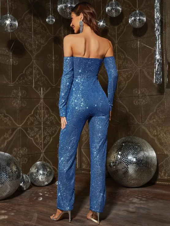 Off Shoulder Fold Pleated Sequin Jumpsuit - Image 2
