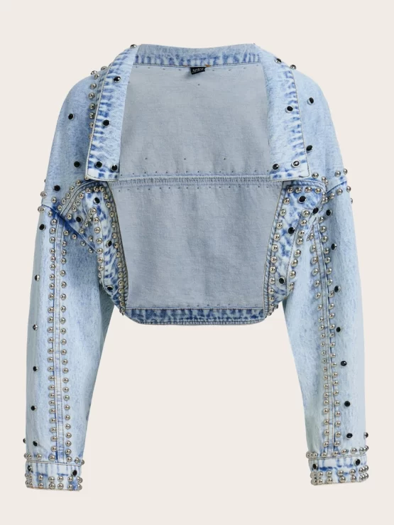 Studded Drop Shoulder Crop Denim Jacket - Image 2