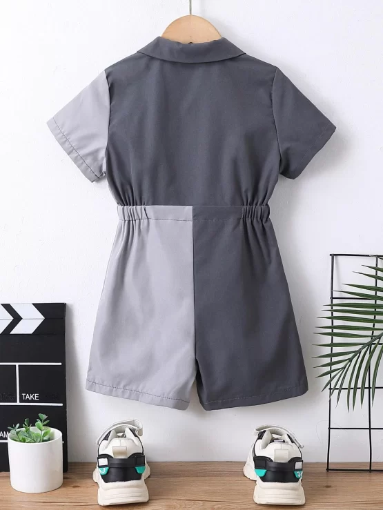 Toddler Boys Two Tone Flap Pocket Shirt Button Romper - Image 2