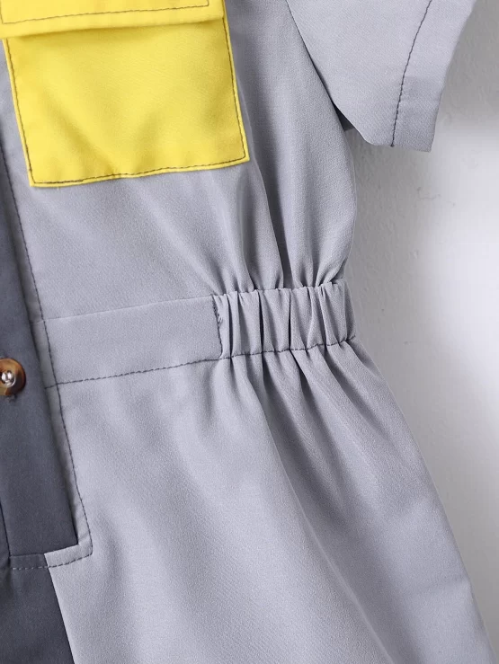 Toddler Boys Two Tone Flap Pocket Shirt Button Romper - Image 3