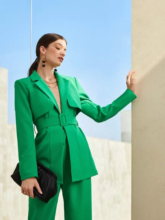 BIZwear Lapel Collar Buckle Belted Button Blazer - Image 3