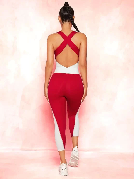 Two Tone Criss Cross Backless Sports Jumpsuit - Image 2