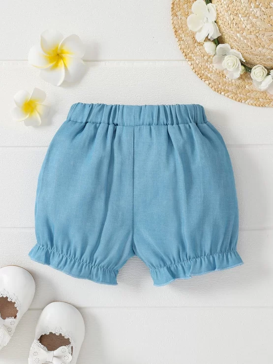 Baby Plain Blue Ruffle Trim Front Shorts - Image 2