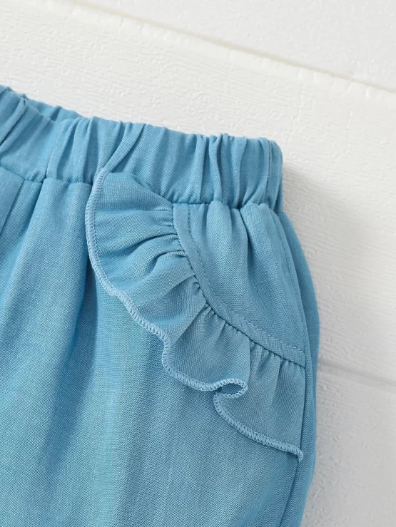 Baby Plain Blue Ruffle Trim Front Shorts - Image 3