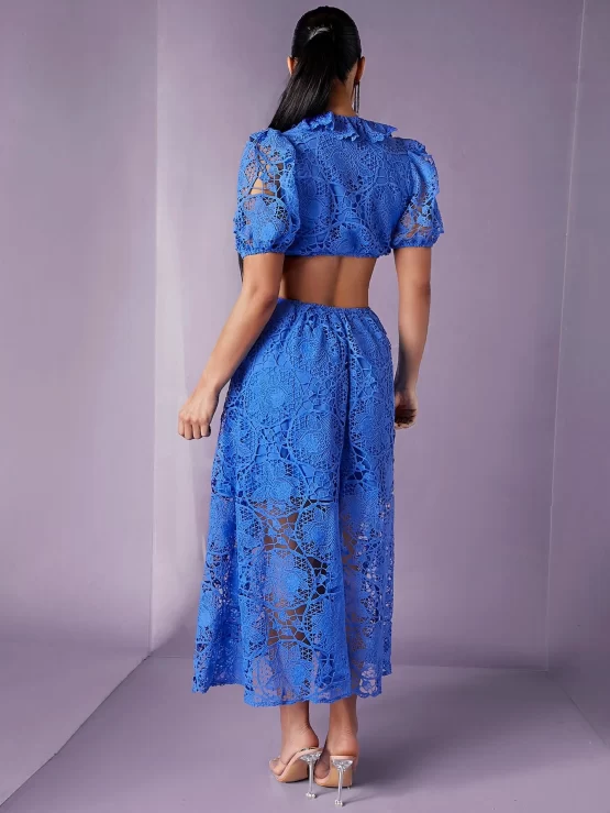 Ruffle Trim Cut Out Lace Overlay Waist Dress - Image 3