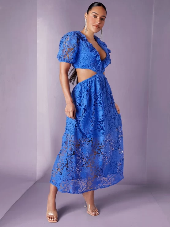 Ruffle Trim Cut Out Lace Overlay Waist Dress - Image 2