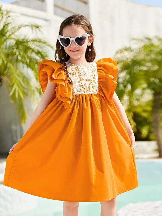 Girls Contrast Lace Ruffle Trim Bow Back Dress - Image 3