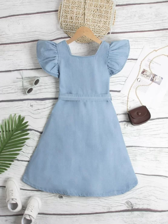 Girls Ruffle Trim Button Front Denim Dress - Image 3